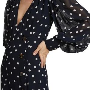 Ganni Navy Polka Dot Button-Front Midi Dress